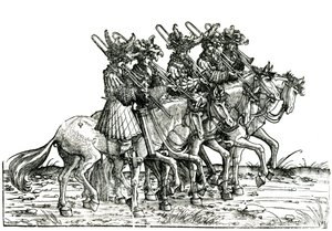 Cinco músicos con trombones, de la Procesión Triunfal del Emperador Maximiliano I, c.1517 de Albrecht Altdorfer